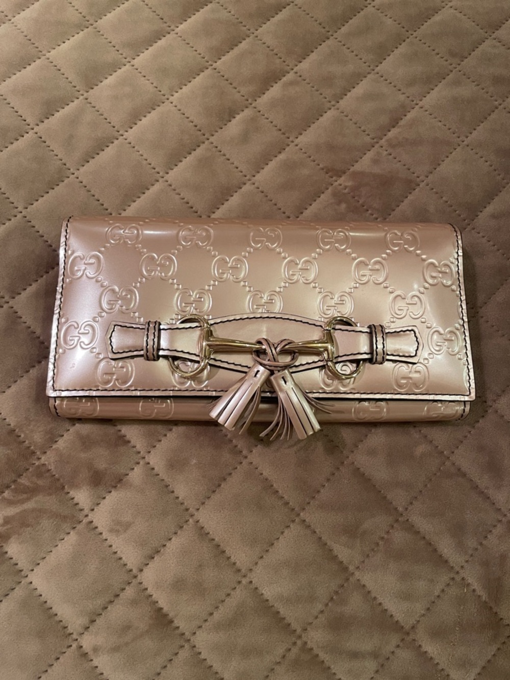 Gucci Rose Gold Patent GG Tassel Continental Wallet/ crossbody bag